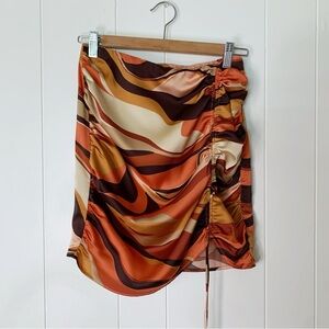 Acoa Orange & Brown Swirl Pattern Mini Skirt With Scrunch Side Slit S
